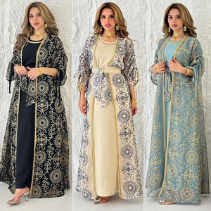 Robe de soirée <span class=keywords><strong>Maxi</strong></span> brodée et robe ensemble deux pièces pour femmes Dubai manches longues Jalabiya musulman islamique ethnique Abaya Eid AB432 - Product Image 1