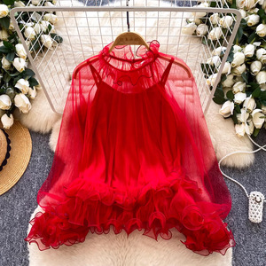 Completo da donna 2 pezzi: Blusa in rete con orlo a balze e top interno a canotta, elegante camicia in <span class=keywords><strong>tulle</strong></span> trasparente Sehe Fashion - Product Image 5