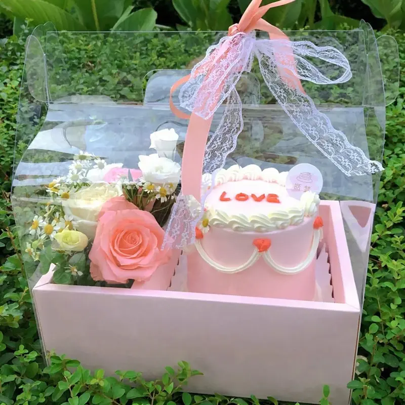 Hot Selling Pink Floral Transparent Flower Cake Box PVC Wedding Valentine's Day Mother's Day Birthday Party Gift Box