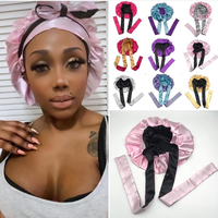 Vente chaude solide satin capot avec large stretch cravates cheveux satin capot avec cravate cheveux bonnet avec bord wrap
