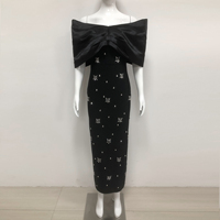 Robe de Soirée Noire de Luxe Épaules Dénudées Bandage Club Fête Strass Fendue Sirène Robe de Gala Événements Formels Avec Nœud en Satin