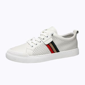 White <b>Leather</b> <b>Sneakers</b> Men Breathable Perforated Flat Low Top Casual Shoes for Leisure Rubber Outsole - Product Image 5