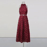 Robe longue élégante pour femme, taille haute, unie, avec décorations florales et volants, col rond, sans manches, coupe ajustée, pour soirée