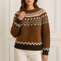 Maßgefertigter Damen-Fair-Isle-Strickpullover mit Rundhalsausschnitt in Mittelbraun mit Cremefarbenem Jocke – OEM/ODM-Fertigung