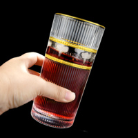 Gelas Tinggi Mewah Bergaya Eropa dengan Pinggiran Emas, Gelas Highball Beralur Bohemian dengan Desain Bunga Berlapis Embun