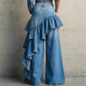 Vaqueros asimétricos con volantes y empalmes, de cintura alta, estilo europeo y americano, largos hasta el suelo para mujer, vaqueros anchos lavados. - Product Image 3