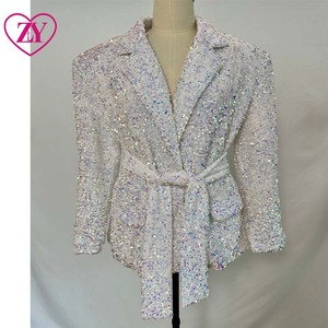 Wit <span class=keywords><strong>Blazer</strong></span> Met Lovertjes En Riem Elegant Sprankelend Statement Jack Voor Dames Feest-En Avondkleding Glamoureuze Blazerjas Met Lange Mouwen - Product Image 4