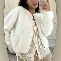 Cardigan en maille de mohair pour femme, style simple et élégant, col rond, manches longues, décontracté et tendance