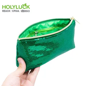 2024 New fashion custom design green ladies reversible glitter sequin zipper makeup bag organizer glitter cosmetic bag