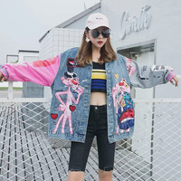Ventes en gros de vestes en jean pour femmes, style décontracté, motif de dessin animé rose, broderie, avec manches en tissu