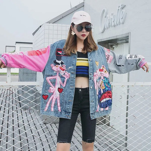 Giacche in Denim da Donna con <span class=keywords><strong>Motivi</strong></span> Cartoon Ricamati, Stile Casual Streetwear, Colore <span class=keywords><strong>Rosa</strong></span>, con Maniche in Tessuto - Product Image 5