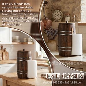 TradeLink Wooden Barrel Tissue Holder Round Brown Free <b>Standing</b> Paper Dispenser <b>Desktop</b> Storage Rack - Product Image 4
