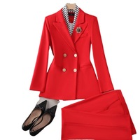 Tenue d'affaires pour femme, tailleur bleu élégant, robe formelle haut de gamme, combinaison de présentatrice pour entretien, automne, boutonnée