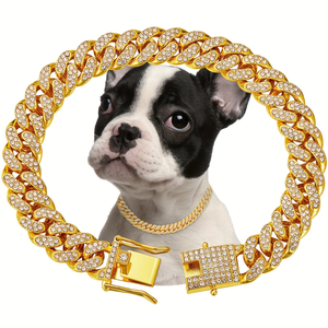 Chaîne pour animaux de compagnie de 25 cm et 75 cm, style Hot Dog Cuban Link, avec strass en diamant AAA, en alliage or et argent, collier et accessoires pour animaux de compagnie, vente en gros - Product Image 2