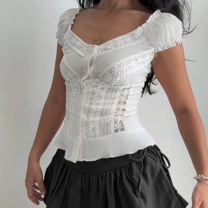 Camiseta de Moda Y2K para Mujer, con Encaje y Mangas Abullonadas, Adorno de Volantes, Manga Corta, Venta al Por Mayor - Product Image 3