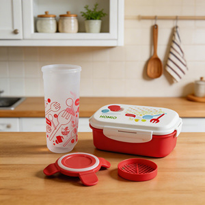 HOMIO <b>Lunch</b> <b>Box</b> Set With Water Bottle Red Rectangle Cartoon Design For Students - Product Image 1