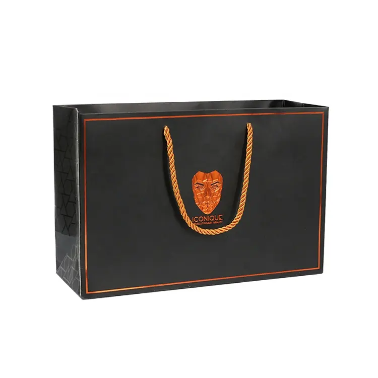 Classico Elegante Regalo Stagnola di Oro Nero di Lusso Shopping Bag Di Carta Con Stampa In Rilievo