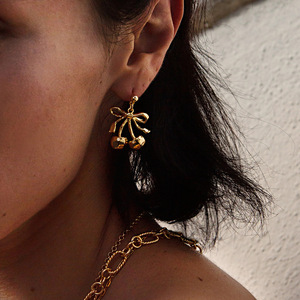 Pendientes con Colgante de Cereza y Lazo, Oro de 18k, Acero Inoxidable, Joyería para Uso Diario de Mujer - Product Image 4