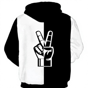 Fashionable Contrast Panel Black White <b>Pullover</b> Hoodie with Drawstring Hood and Kangaroo Pocket - Product Image 2