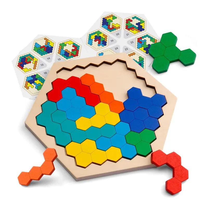 ジオメトリIQゲームブロックタングラムブレインティーザーおもちゃ子供大人のための木製六角形パズル