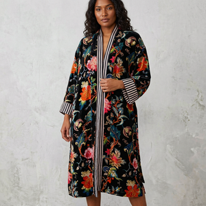 Robe élégante en velours brodé de fleurs, manches longues, col en V, robe de chambre pour femmes, tenue d'automne - Product Image 1