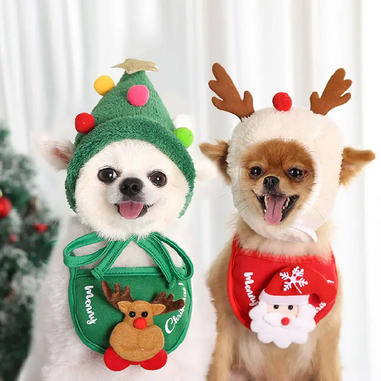 Customized Dog Christmas Hat And Scarf Saliva Towel Pet Christmas Pattern Accessories Cute Dogs Cats Costumes For Holiday Party