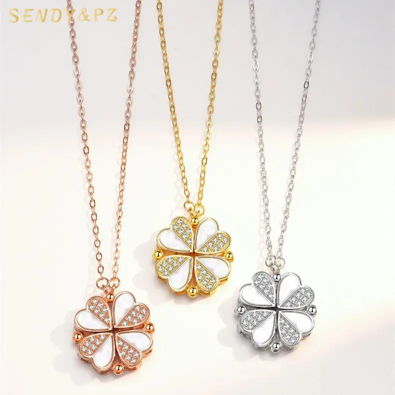 INS fashion love heart four leaf clover s925 sterling silver necklace shell pendant necklaces girls zircon Jewellery