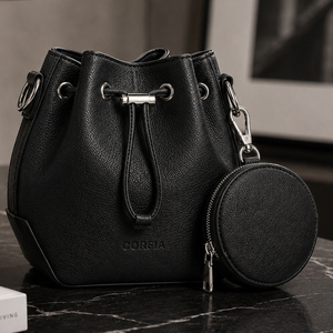 Fashion Women Bucket Bag Drawstring Shoulder Handbag Textured PU Leather Bucket Purse with Detachable Round Coin Pouch - Product Image 3