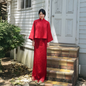 Conjunto <span class=keywords><strong>de</strong></span> Dos Piezas <span class=keywords><strong>de</strong></span> <span class=keywords><strong>Qipao</strong></span> Rojo Nupcial, Estilo Chino Moderno, Elegante, <span class=keywords><strong>de</strong></span> Manga Larga, para Boda, Compromiso, Brindis, Vestido <span class=keywords><strong>de</strong></span> <span class=keywords><strong>Novia</strong></span> - Product Image 1