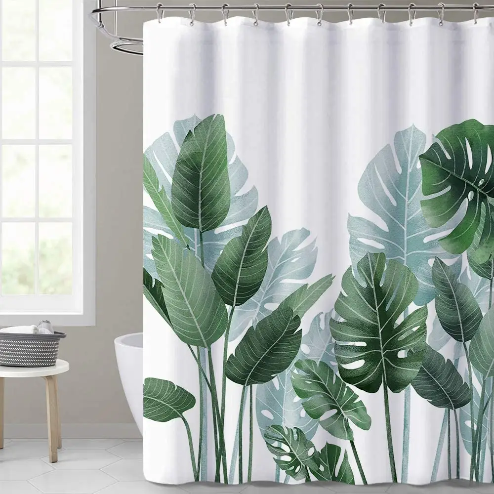 2023 Custom 3d Printed Green Leaves Polyester Fabric Odorless Waterproof Hotel Home Bath Shower Curtains for Bathroom