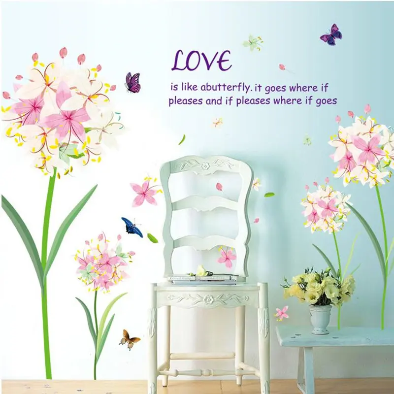 Colorido da Primavera Flor adesivos de parede TV Fundo Sofá decoração Flying Birds decalque da parede Borboleta 3d Decoração Do Casamento Do Jardim