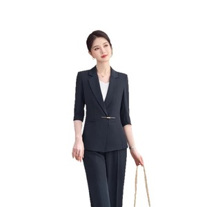 Women's Two Piece Suit Set Mid Sleeve Blazer Trousers Black Formal Anti Wrinkle Commute Spring Summer Autumn - Product Image 5