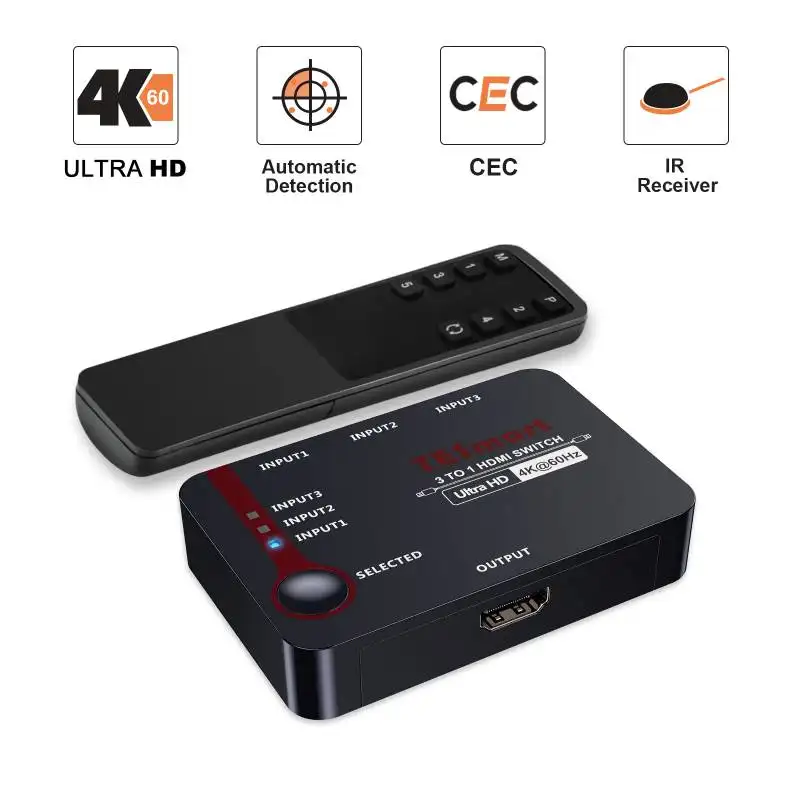 TESmart HDMI Switch 4K 3 in 1 CEC Video Splitter HDMI 2.0 HDCP2.2 Switch 4K 60Hz With Remote Control