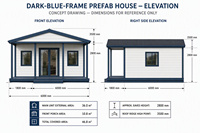 Maison modulaire en structure acier bleu foncé, bâtiment résidentiel préfabriqué, solution de construction de cadre sur mesure