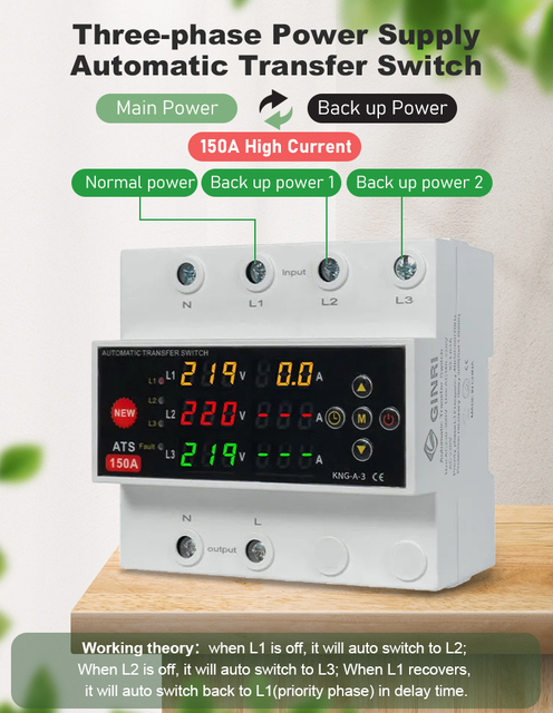3 Phase 125A 150A Solar ATS Automatic Transfer Switch Phase Selector Over Under Voltage Protector Adjustable Changeover Switch