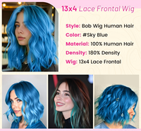 Wig Bob Lace Front 13X4 Biru Rambut Asli Manusia, Penutup Kepala Depan, Di-perm & Diwarnai, Panjang 8-14 Inch