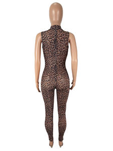 Viviblook Z224JP01 verano Casual Skinny malla overoles Sexy cuello redondo sin mangas ahueca hacia fuera mono con estampado de leopardo para mujer Bodycon - Product Image 3