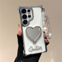 Coque de téléphone avec miroir de maquillage en forme de cœur en strass pour Samsung Galaxy S21-S26 Ultra, avec chaîne de poignet et protection d'angle plaquée