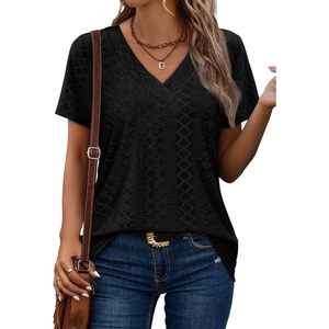 Camiseta con cuello en V FOXA para mujer, corte holgado, manga corta, suave, negra, informal, para verano - Product Image 2