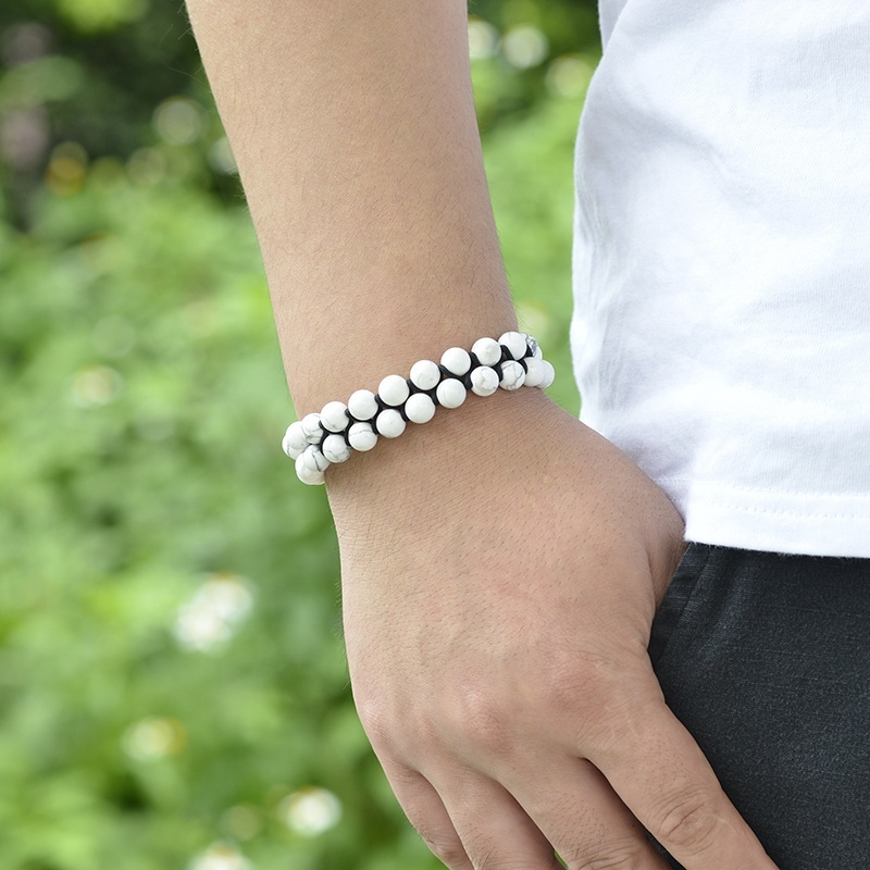 Double row natural stone 8mm handmade adjustable braided lava rock and magnetic hematite custom beaded mens bracelet