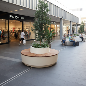 Banc de jardinage circulaire moderne en GRC sur mesure avec lattes en teck durables pour les espaces de loisirs extérieurs des parcs et des centres commerciaux - Product Image 5