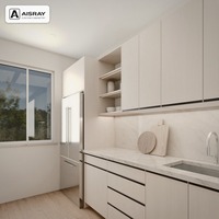 Meuble de cuisine contemporain en chêne blanc, configuration en U, avec portes à panneaux clairs, tiroirs à fermeture amortie et dimensions d'unités personnalisées
