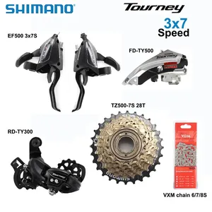 Groupe de transmission <span class=keywords><strong>SHIMANO</strong></span> Tourney 3x7 <span class=keywords><strong>vitesses</strong></span> comprenant un dérailleur arrière EF500 ou M315, un dérailleur TY300, une <span class=keywords><strong>cassette</strong></span> TZ500 28T 34T, une chaîne VXM, VTT 7 <span class=keywords><strong>vitesses</strong></span> - Product Image 1
