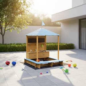 Boîte de jeu en bois pour garçons, <span class=keywords><strong>bac</strong></span> à <span class=keywords><strong>sable</strong></span> et parc aquatique, boîte de jeu DIY avec toit et cuisine à boue, rangement inclus - Product Image 1