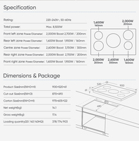 Table de cuisson à induction encastrable 90 cm 8500W Inverter 5 brûleurs à commande tactile Grande zone 30 cm OEM/ODM INMETRO CE CB Cuisine domestique