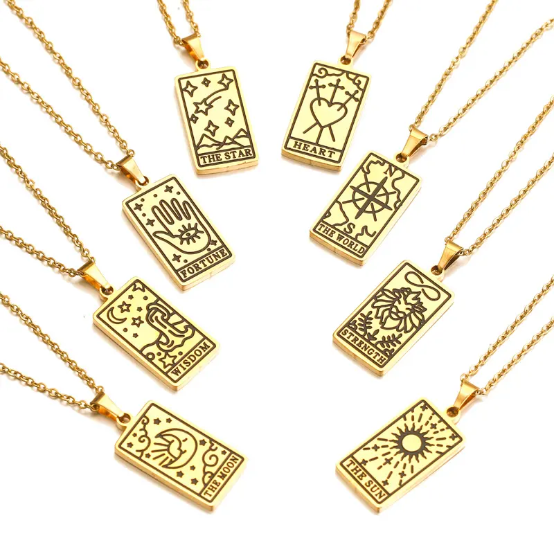 Hot Sale 18k Gold Plated Square Pendant Necklaces Stainless Steel Arcana Tarot Card Necklace