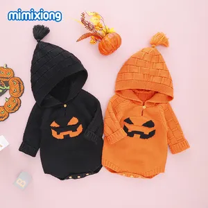2023 Halloween Baby Rompers Pumpkin Hooded Long Sleeve Knitted Baby Rompers Children's Clothing For Kids Bodysuit