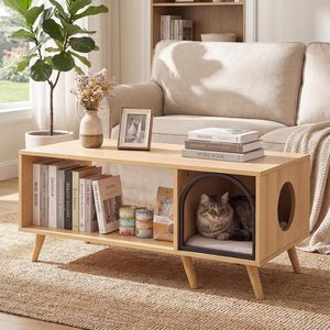 SENYU Wooden Coffee <b>Table</b> <b>with</b> Cat Bed House Multifunctional <b>Storage</b> Bookshelf <b>Side</b> <b>Table</b> <b>for</b> <b>Living</b> <b>Room</b> Cats - Product Image 1