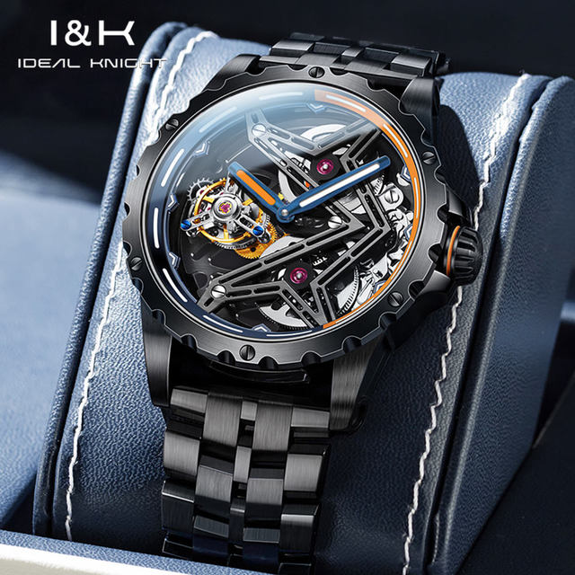 Ideal Knight 6803 Wholesale Automatic Tourbillon Watches for Men OEM Custom Logo Hollow Stainless Steel Waterproof Men's Watch