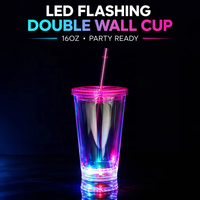 Gobelet en plastique lumineux à LED avec couvercle et paille, sans BPA, double paroi, 16 oz